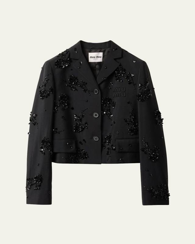 Tonal Floral Sequined Logo Mohair Wool Blazer